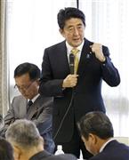 自民党の全国幹事長会議であいさつする安倍晋三（しんぞう）首相。左は谷垣禎一（さだかず）幹事長＝２０１５年２月７日午後、東京都千代田区永田町の党本部（共同）