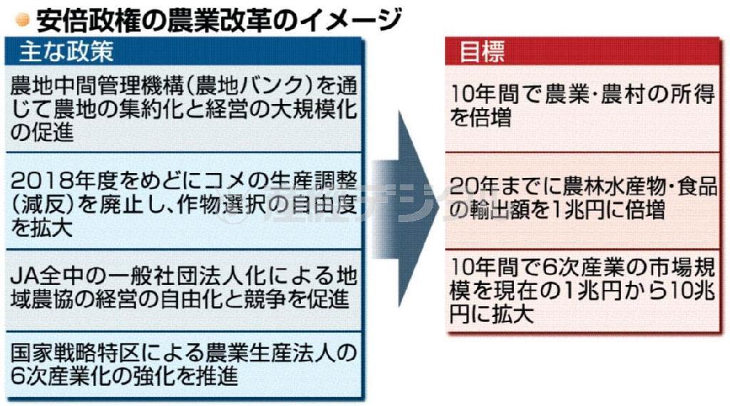 【農協改革】安倍政権の農業改革のイメージ＝２０１５年２月９日、政府・自民党は全国農業協同組合中央会（ＪＡ全中）の一般社団法人化を柱とする農協改革案をまとめた。