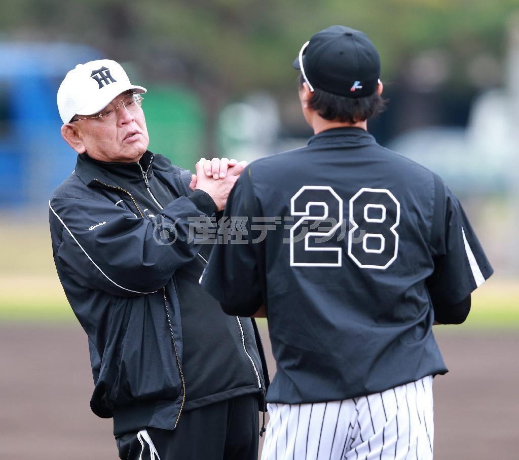 独特のオーラを放つ江夏豊阪神臨時コーチ（左）。背中は福原忍。背中の「２８」が懐かしい＝２０１５年２月８日、沖縄県国頭郡宜野座村・宜野座村営野球場（松永渉平撮影）