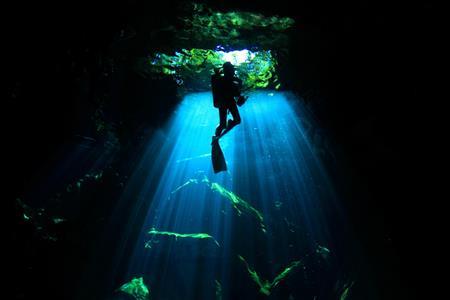 石灰地層が作る天然の井戸水。この世のものとは思えない幻想的な光景が広がる「セノーテ・チキンハ」＝２０１２年７月３１日、メキシコ・ユカタン半島（越智隆治さん撮影）