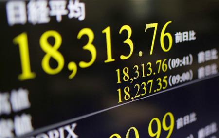 日経平均株価が一時１万８３００円を超えたことを示すボード＝１９日午前、東京・東新橋