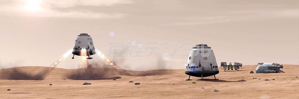 火星に着陸する米宇宙ベンチャー、スペースＸの宇宙船や居住施設の想像図。オランダの民間非営利団体「マーズ・ワン」だけでなく、スペースＸも地球から火星に８万人を移住させる計画を進めている（スペースＸ社提供・共同）