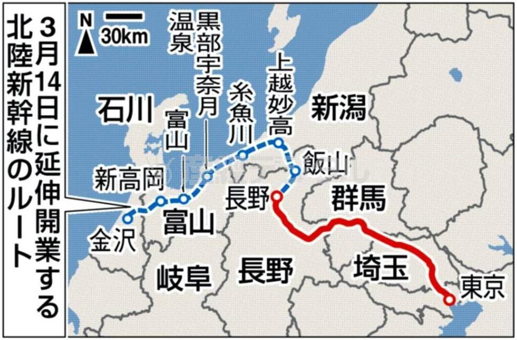 ２０１５年３月１４日に延伸開業する北陸新幹線のルート