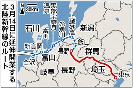 ２０１５年３月１４日に延伸開業する北陸新幹線のルート