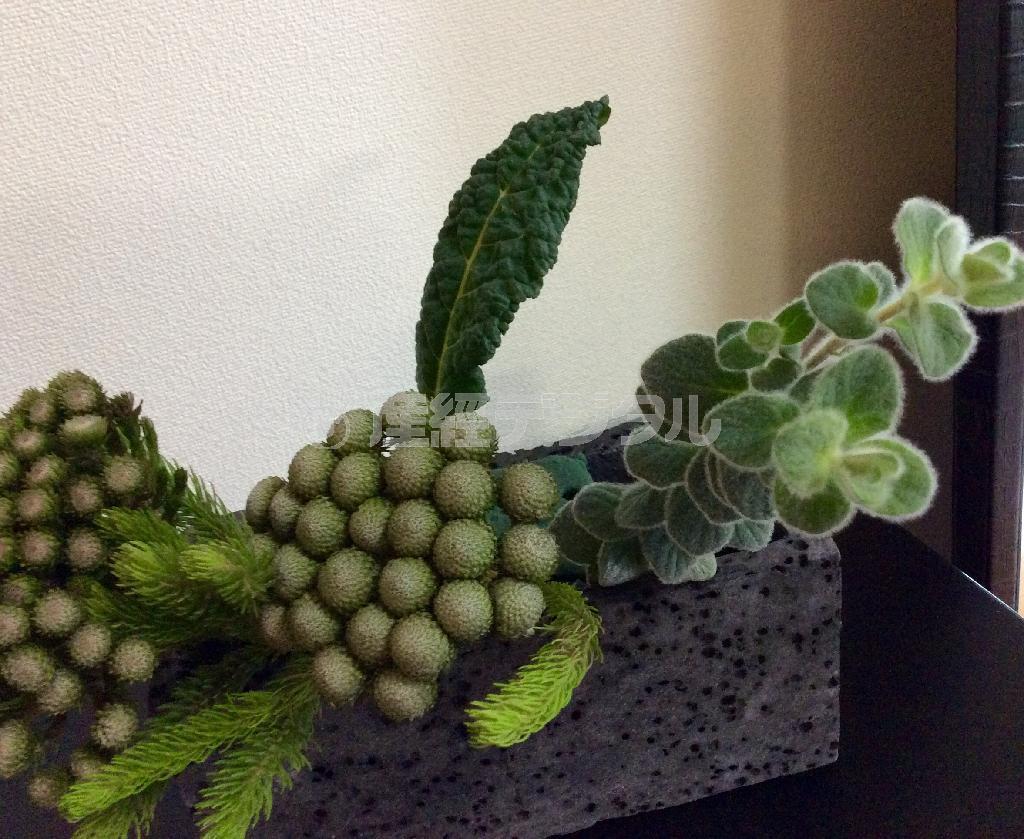 （手順１）オアシスセットした花器に土台となる実物と葉物２種を全体に挿す＝２０１５年２月１８日（花千代さん提供）