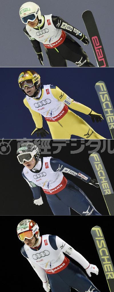 ジャンプ混合団体で銅メダルを獲得した日本の（上から）高梨沙羅、葛西紀明、伊藤有希（ゆうき）、竹内択（たく）＝２０１５年２月２２日、スウェーデン・ファルン（共同）