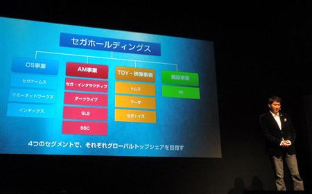 新組織のセガホールディングスについて話すセガネットワークの里見治紀社長。再編後はセガゲームスの社長に就任する