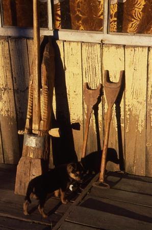 タイガの木で作られた皮なめしの道具たち。体温を感じるような存在感がある＝ロシア・クラスヌィ・ヤール村（伊藤健次さん撮影）