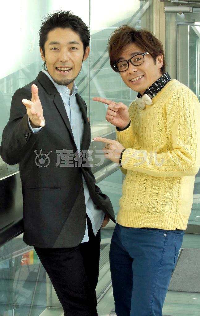 女の子に大人気の「プリキュア」で悪役として声優に挑むオリエンタルラジオの中田敦彦さん（左）と藤森慎吾さん＝２０１５年１月２９日、東京都千代田区（早坂洋祐撮影）