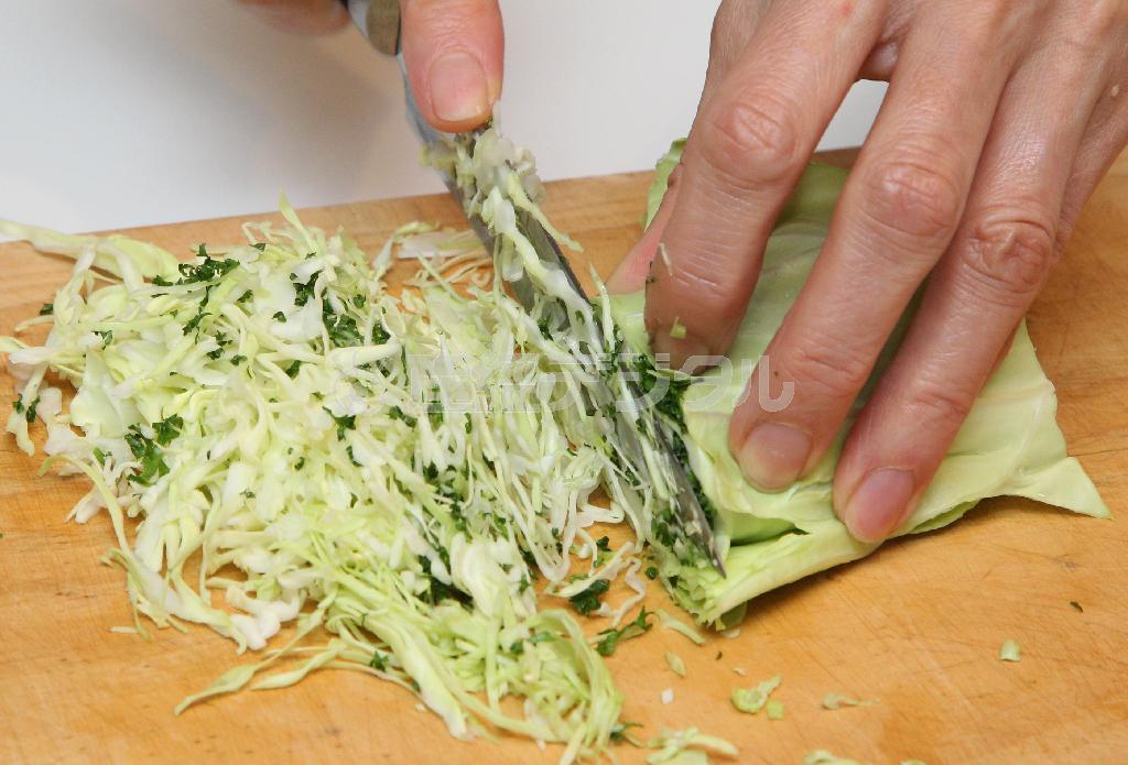 キャベツの葉２枚ほどにパセリの葉を巻き込んで、潰しながら切れば彩りあざやかな千切りに。ハンバーグなどの付け合わせに（野村成次撮影）