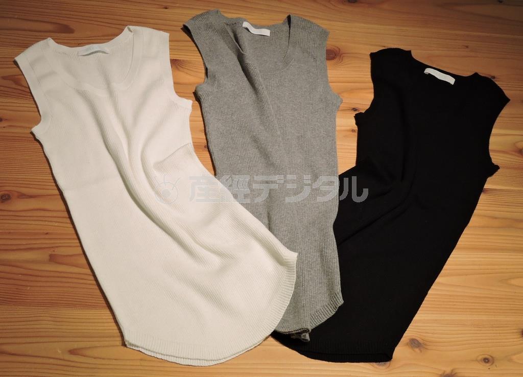 裾がラウンドになったタンクトップ（１万４０００円）。ボトムと合わせるとスタイル良く、インナーとしても重宝する＝２０１５年３月１６日、神奈川県横浜市西区（藤沢志穂子撮影）