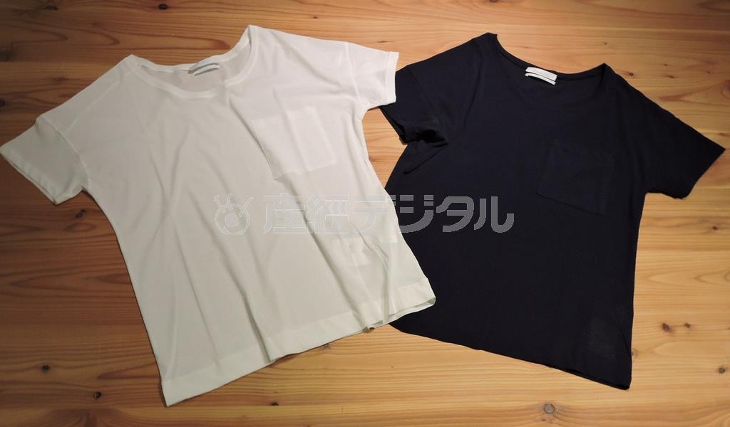 糸をねじって作られた「強撚糸」で編まれたコットン１００％の天竺生地を使ったポケットシャツ（１万５０００円）。シルクのような肌触りが特徴で、切り替えに少しカーブをつけ、ドロップショルダーにすることで女性らしいラインを演出＝２０１５年３月１６日、神奈川県横浜市西区（藤沢志穂子撮影）