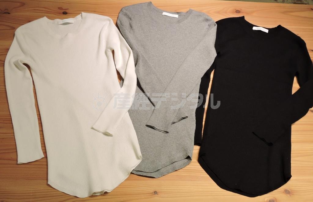 肌触りのいいコットンシルク１００％のニットプルオーバー（１万８０００円）＝２０１５年３月１６日、神奈川県横浜市西区（藤沢志穂子撮影）