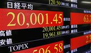 約１５年ぶりに日経平均株価が一時２万円を超えたことを示すボード＝１０日午前９時８分、東京・東新橋