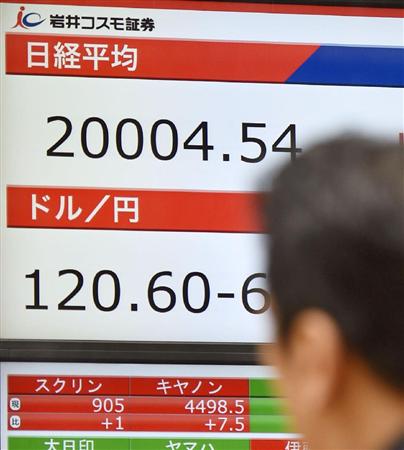 日経平均株価が一時２万円を超えたことを示す電光ボード＝１０日午前、東京・日本橋茅場町