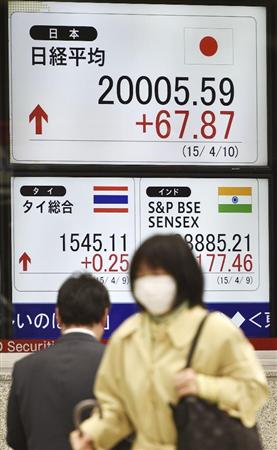 日経平均株価が一時２万円を超えたことを示す電光ボード＝１０日午前、東京・日本橋茅場町