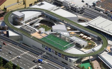 屋上にランニング用トラックを備えた商業施設「もりのみやキューズモールＢＡＳＥ（ベース）」＝２２日、大阪市中央区（共同通信社ヘリから）