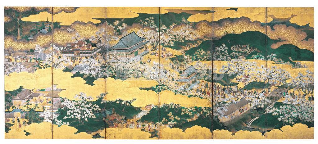 重要文化財「豊国祭礼図屏風」左隻＿狩野内膳筆（京都・豊国神社）。秀吉の七回忌の臨時大祭の様子を描いている。南蛮人に扮したりコスプレをしている人がたくさんいるが、中央下の右寄りにタケノコのかぶり物をした人も見られる（提供写真）