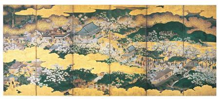 重要文化財「豊国祭礼図屏風」左隻＿狩野内膳筆（京都・豊国神社）。秀吉の七回忌の臨時大祭の様子を描いている。南蛮人に扮したりコスプレをしている人がたくさんいるが、中央下の右寄りにタケノコのかぶり物をした人も見られる（提供写真）