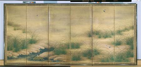 芒燕図屏風（右隻）狩野孝信筆（愛知・徳川美術館）井浦新（いうら・あらた）さんが持ち帰りたいと話した孝信の作品。「ここに描かれた草は、散歩中の犬がうれしそうにむしゃむしゃ食べるあの草だろうか。なぜ描いたのだろうか」と話していた＝２０１５年４月１１日、京都市東山区の京都国立博物館（田中幸美撮影）