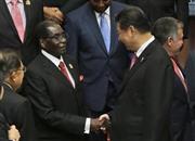 ４月２２日、インドネシア・首都ジャカルタでジンバブエのロバート・ムガベ大統領（左）と握手を交わす中国の習近平国家主席＝２０１５年（ＡＰ）