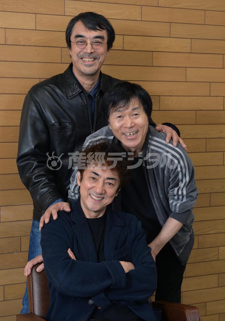 「早くお客さまに見せたい」と息もピッタリの３人、上から益岡徹さん、平田満さん、市村正親（まさちか）さん＝２０１５年４月１７日、東京都中央区（栗橋隆悦撮影）