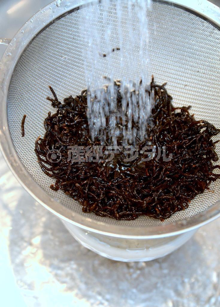 牛肉とひじきのまぜご飯（作り方１）＿＿ひじきを戻す。たっぷりの水に漬け、５～６分おく。必ず水から戻すこと。固めにもどしたひじきを平ざるなどに広げ、流水で臭みがなくなるまで細かいかすと共に洗い流す。海藻臭さや戻しすぎが美味しくいただけない理由（宮崎瑞穂撮影）