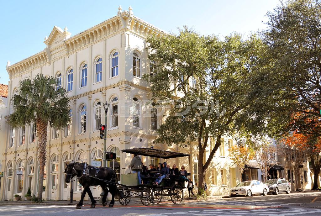 １８～１９世紀の建物が残る市内を、観光客を乗せて走る馬車＝２０１４年１１月２９日、米サウスカロライナ州チャールストン（早坂洋祐撮影）