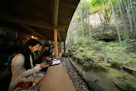どんな場所で抹茶が飲めるのかが分かるカットを広角レンズで撮影しました。竹林を眺めながら、静かな時間を過ごす人々を撮りました。頭を悩ませて撮影することが多いですが、一番大切なのは「感じること」です。感じたことを形にして表現できると、とても気持ちが良く、ストレス解消になって癒やされ、まさにフォトセラピーとなるでしょう＝２０１５年４月２９日、神奈川県鎌倉市（須藤夕子さん撮影）