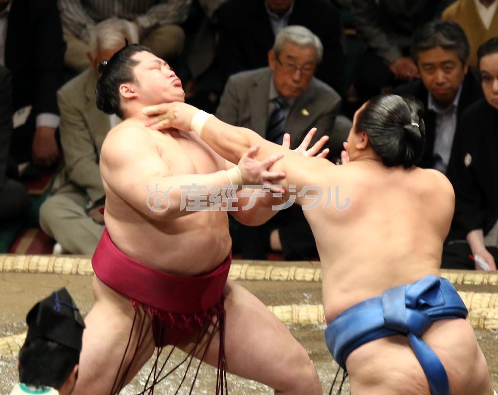押し出しで旭秀鵬に敗れた遠藤（左）＝２０１５年５月１２日、東京都墨田区・両国国技館（長尾みなみ撮影）