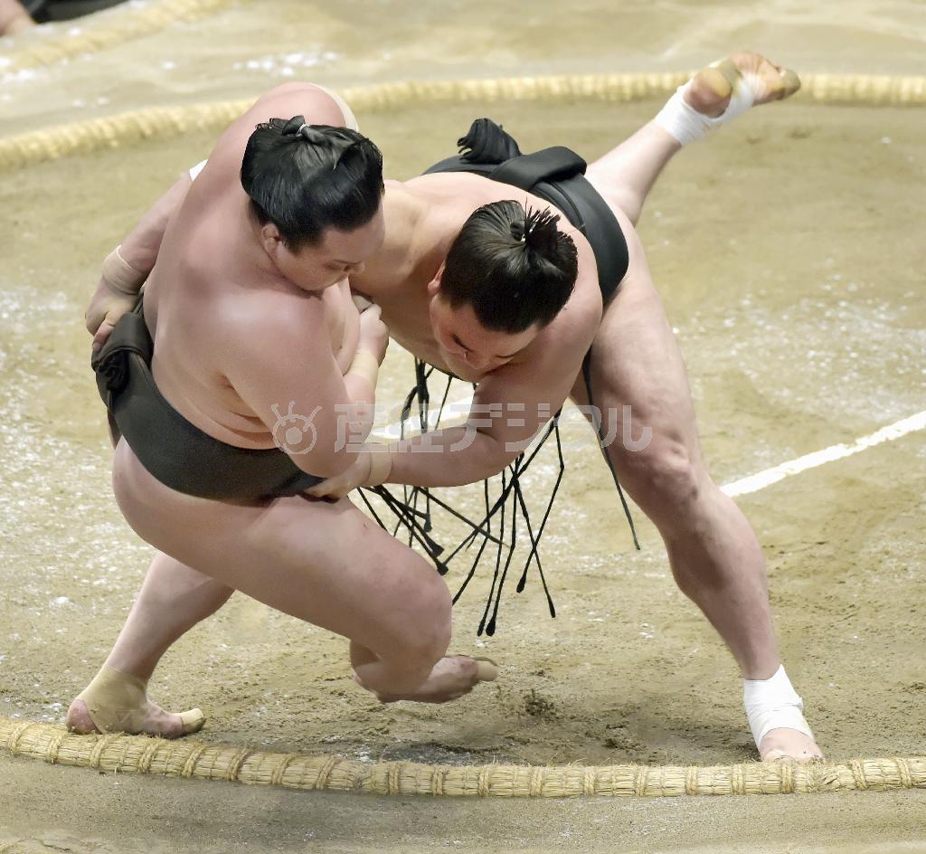 日馬富士（はるまふじ、右）が寄り倒しで白鵬を破る＝２０１５年５月２４日、東京都墨田区・両国国技館（共同）