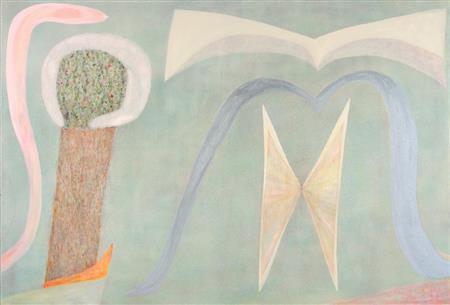 「ｓｎａｋｅ＿ａｎｄ＿ｂｉｒｄ」（２０１２：カンバス、アクリル・顔料２８０．０×４１１．５、ヴァンジ彫刻庭園美術館蔵）。Ｃｏｕｒｔｅｓｙ＿ｏｆ＿Ｔｈｅ＿Ｖａｎｇｉ＿Ｓｃｕｌｐｔｕｒｅ＿Ｇａｒｄｅｎ＿Ｍｕｓｅｕｍ、岡野圭さん撮影、提供写真）。（Ｃ）Ｈｉｒｏｓｈｉ＿Ｓｕｇｉｔｏ