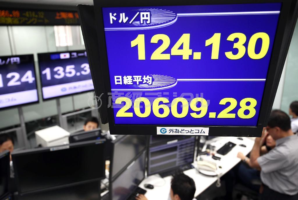 円安が進み、１ドル＝１２４円台を表示するボード。日経平均株価の終値は１０営業日連騰となり、一時は２万６００円を超えた＝２０１５年５月２８日、東京都港区東新橋の外為どっとコム（福島範和撮影）