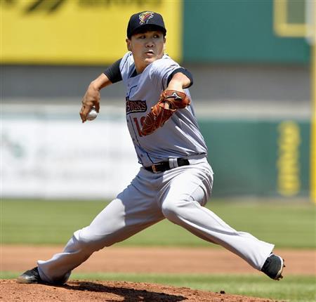 マイナー３Ａスクラントンの一員としてリハビリ登板し、３回を４安打３失点のヤンキース、田中将大（まさひろ）＝２０１５年５月２７日、米ロードアイランド州ポータケット（共同）