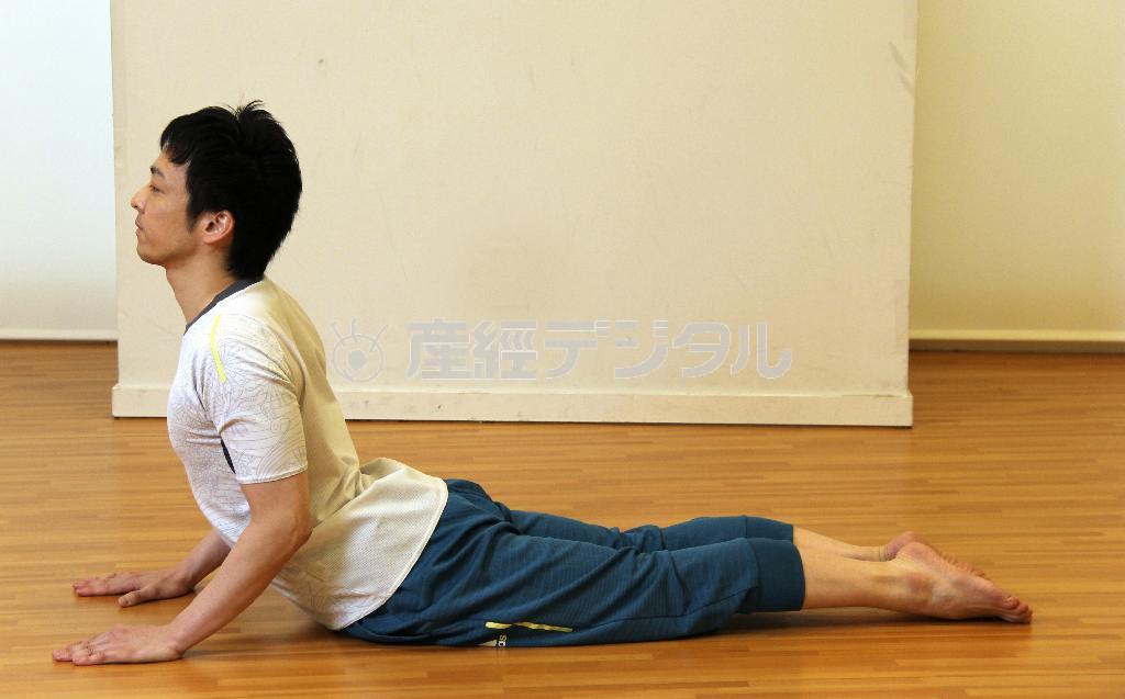 コブラのポーズ＝２０１５年５月１８日（田中幸美撮影）