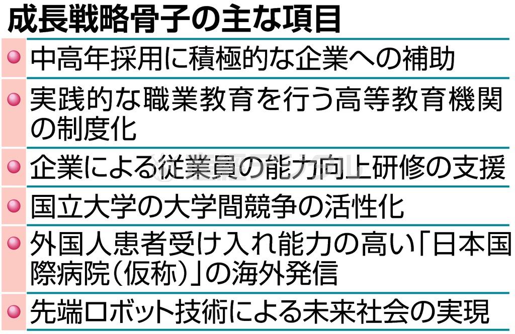 成長戦略骨子の主な項目＝２０１５年６月１２日