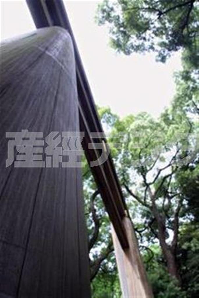 鳥居を正面からではなく、真下からレンズを貼り付けて撮影していて、面白い視点だなと思いました。この鳥居は、高さが１２メートル、幅が１７．１メートル、柱の太さが直径１．２メートル、重さが１３トンもあり、木造では日本一の大きさだそうです＝２０１５年、東京都渋谷区（小田扶抄江さん撮影）