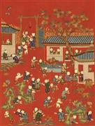 「紅紗地納紗綉百子図門簾」（部分）清・光緒（１８７５～１９０８年、提供写真）