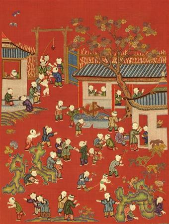 「紅紗地納紗綉百子図門簾」（部分）清・光緒（１８７５～１９０８年、提供写真）