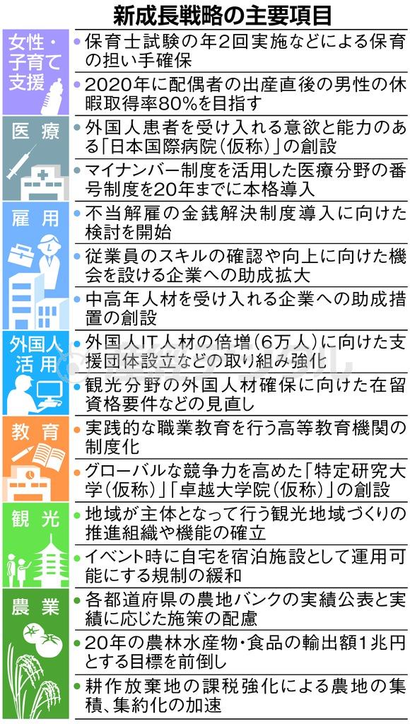 新成長戦略の主要項目＝２０１５年６月２２日