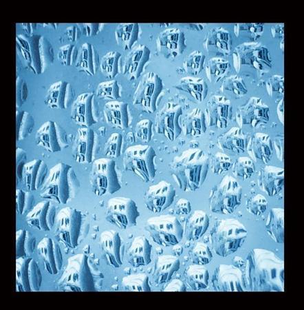 深秋の雪。フロントガラスに降り積もった雪は、車内の暖房ですぐに解けて不均衡な雨粒状になった。何げなく撮影してみたら、自宅の集合住宅が面白い文様のように透過されていた＝２０１４年１１月１４日（野口隆史さん撮影、ｉＰｈｏｎｅ５ｓ使用）