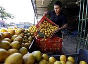 オレンジを売る男性。これらの柑橘系果物に含まれる物質が紫外線への感受性を高め、皮膚がんのリスクを増大させるという＝２０１６年４月３０日、パラグアイ・首都アスンシオン（ロイター）