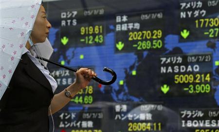 週明け６日、東京株式市場の日経平均株価は、ギリシャ国民投票の結果を受けて大幅反落して取引が始まった（ＡＰ）