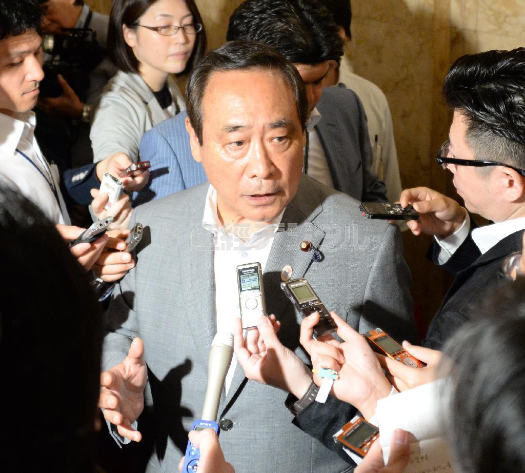 自民党執行部が早期の幕引きを図るなか、衆院本会議後、報道陣に再び持論を展開する大西英男衆院議員＝２０１５年６月３０日午後、国会内（斎藤良雄撮影）