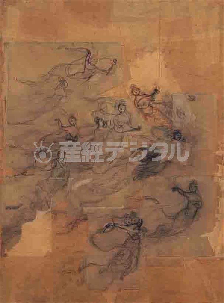 竹内栖鳳「散華＿下絵」（１９１０年頃）。紙本墨画、額装１０８．３×７７．６ｃｍ（京都市美術館蔵）。７月１８日まで展示（提供写真）