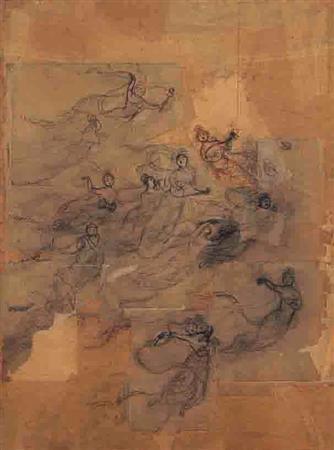 竹内栖鳳「散華＿下絵」（１９１０年頃）。紙本墨画、額装１０８．３×７７．６ｃｍ（京都市美術館蔵）。７月１８日まで展示（提供写真）