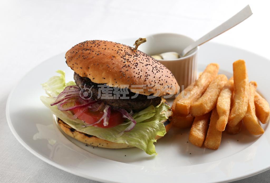 ビッグサイズの「ザ・グリルバーガー」。肉汁を閉じ込めたハンバーガーはジューシーだ＝２０１５年６月３０日、京都市東山区（志儀駒貴撮影）