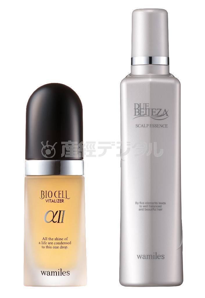ビオセル＿バイタライザーαⅡ（美容液３８ミリリットル、１万５０００円（税別）、左）とベレッサ＿スキャルプエッセンス（１５０ミリリットル、８５００円（税別）、ワミレスコスメティックス提供）