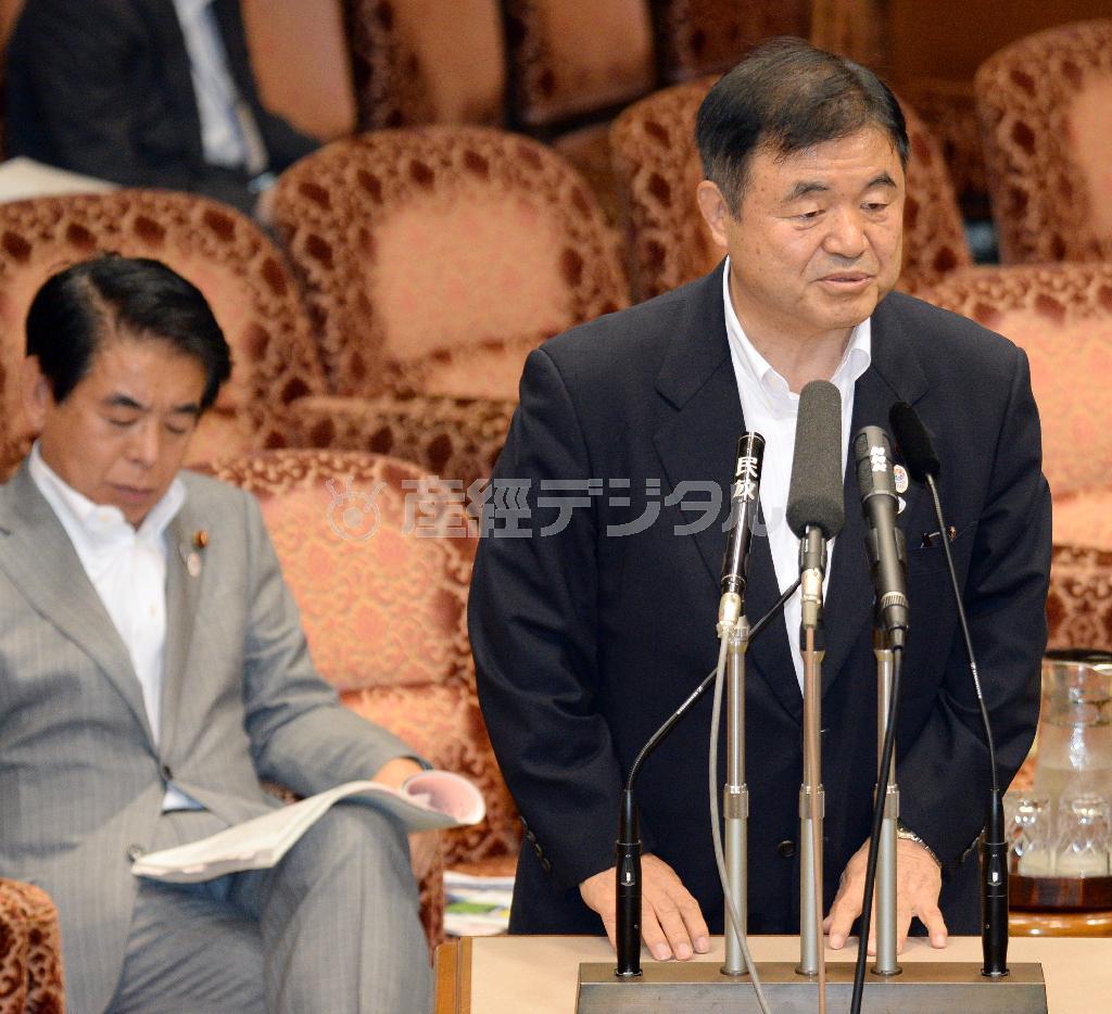 参院内閣委・文科委連合審査会で民主党の蓮舫（れんほう）代表代行の質問に答える遠藤利明五輪相。左後ろは下村博文（しもむら・はくぶん）文科相＝２０１５年７月１４日午前、国会・参院第１委員会室（酒巻俊介撮影）