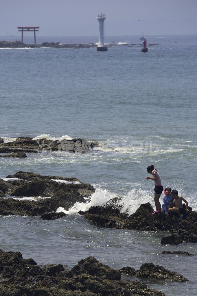 波の向こうは赤い鳥居に白い灯台＝２０１５年７月１２日、神奈川県三浦郡葉山町の真名瀬海岸（渡辺照明撮影）
